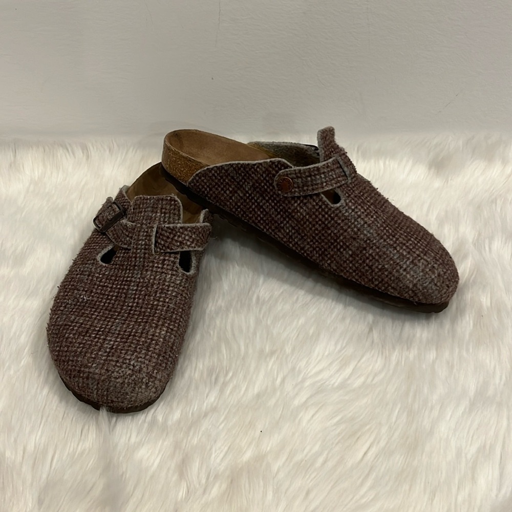 Birkenstock Plaid Slip On Boston Clogs Womens Narrow Fit Brown Size 9.5
